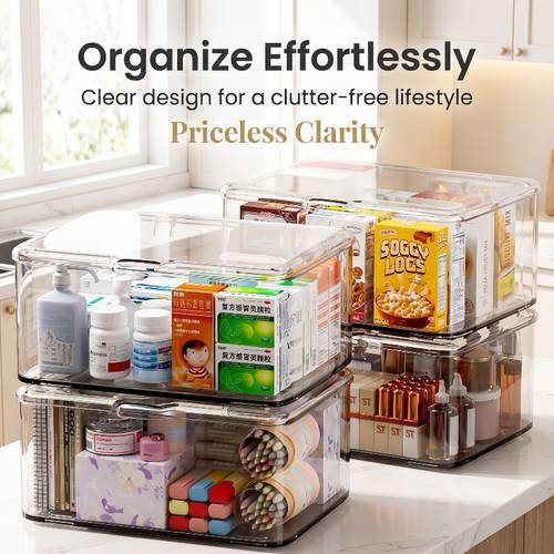 stackable fully clear lidded storage bins reinforced rim transparent organizer crates for pantry snacks medicine bathroom toiletries arrangement