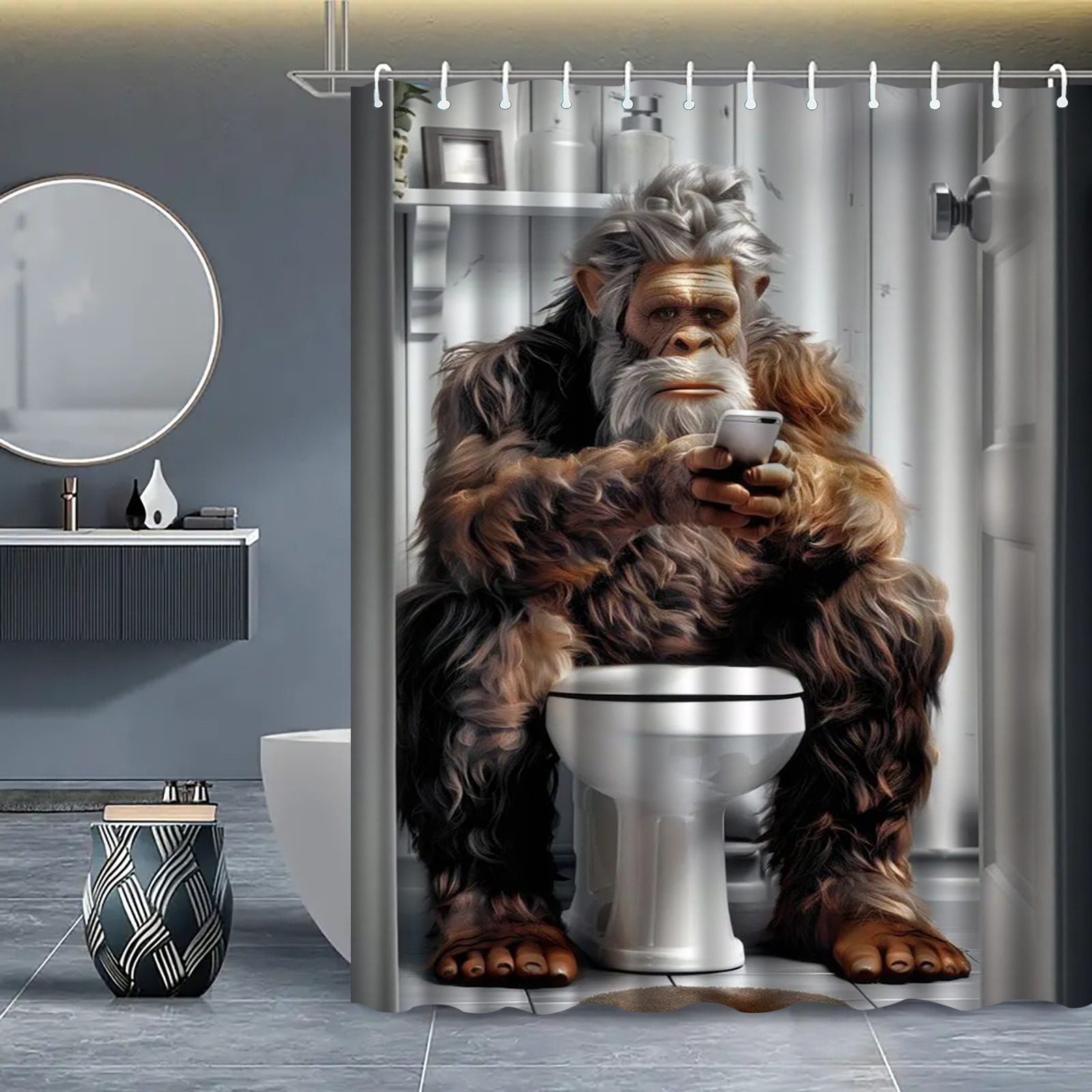 Gorilla-Themed Shower Curtain with Mobile Phone Design