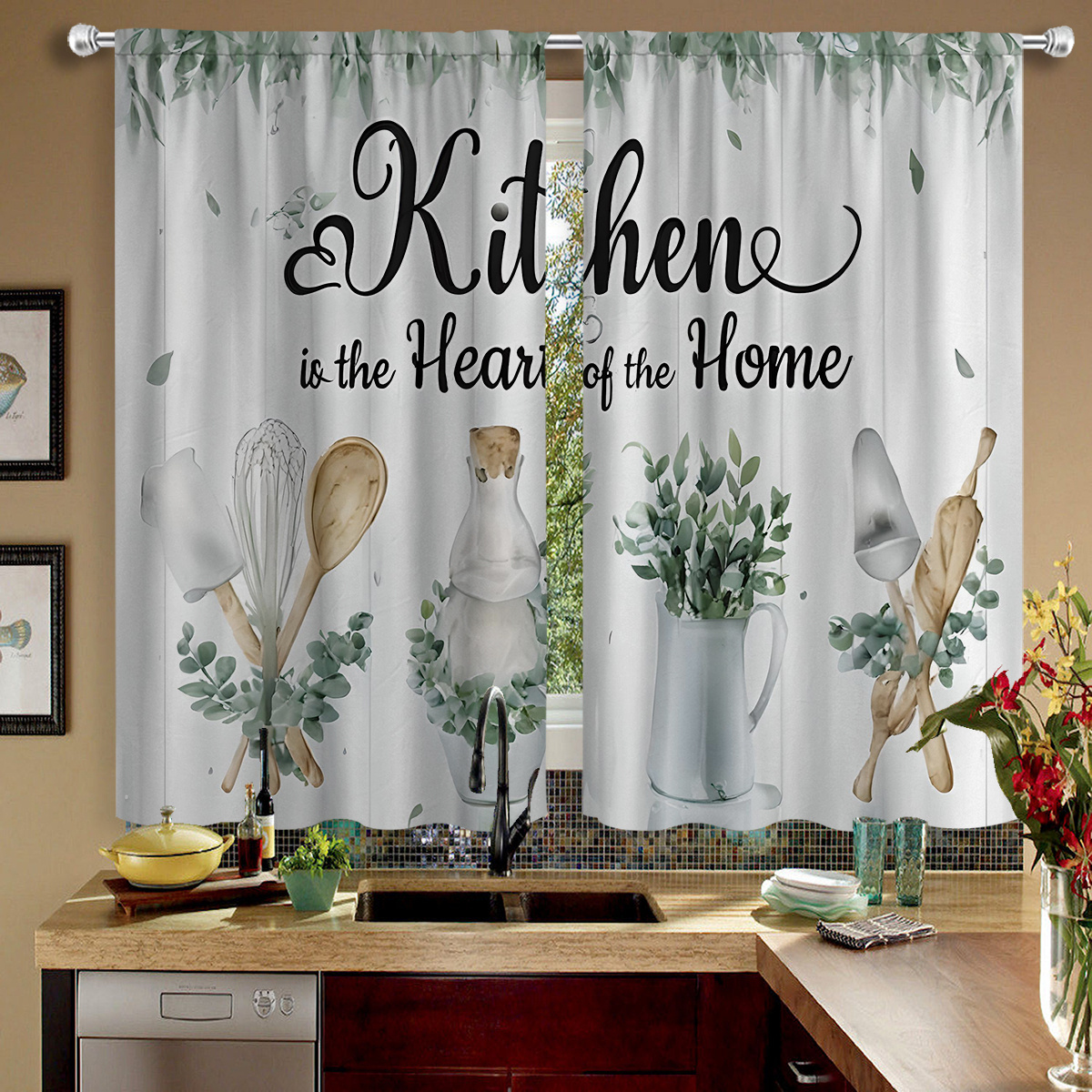 TEMU 2pcs Kitchen Window Curtains - Semi-sheer Window Drapes With Greenery, Utensils & Floral Print - Machine Washable Window Treatments For