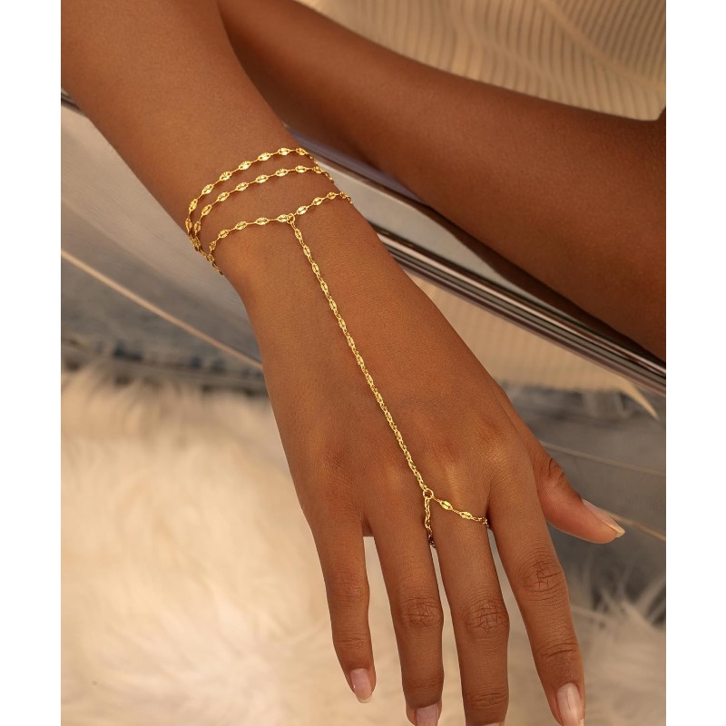 2pcs Golden Hand Chain Bracelets Set for Women, Adjustable