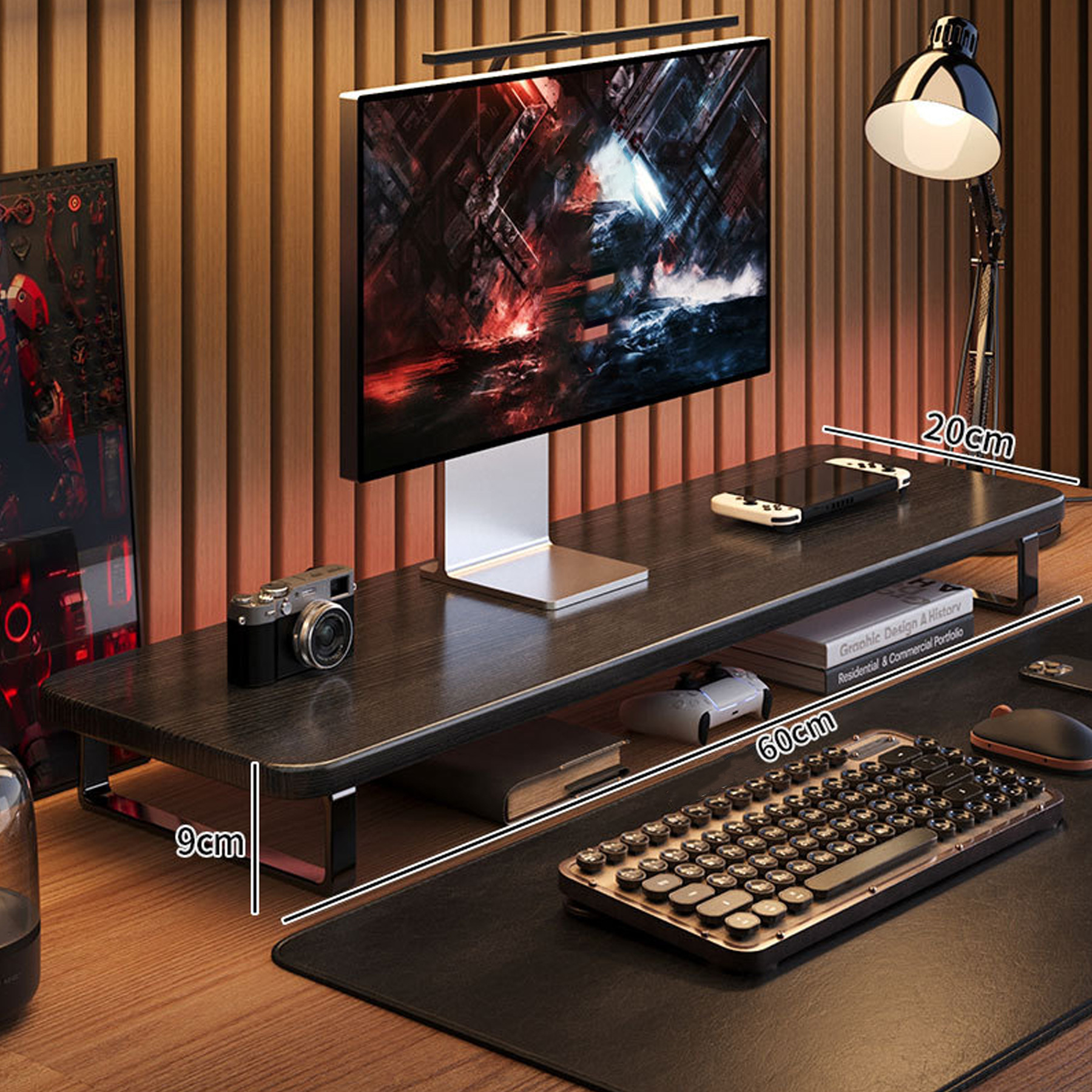 Image of Ergonomic Computer Desk Height Adjuster, Designed For Home Office Space-, Improves Posture And Reduces Eye , Compatible With Laptops And Desktops, Sturdy Structure, Wooden Monitor Stand