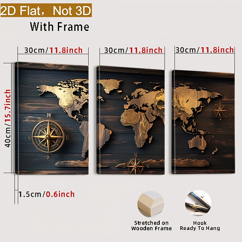 TEMU [2d Flat] Set Of 3 Framed Modern Abstract Wall Art Featuring A Vintage World Map, Ideal For Decorating Your Living Room Or Bedroom With A Flat