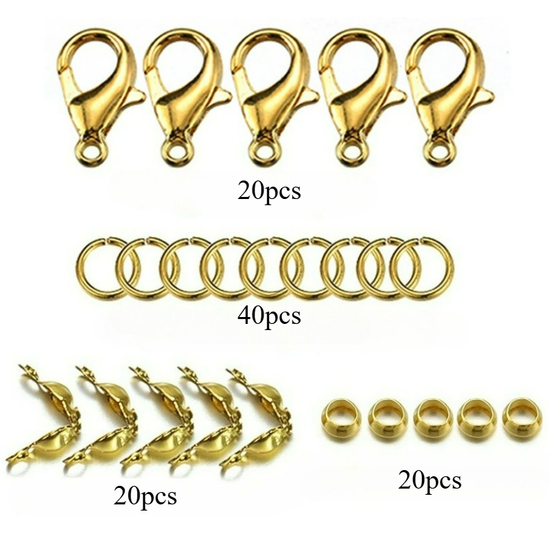 100pcs/bag. Includes 20pcs Lobster Buckles, 40pcs Jumping Rings, 20pcs Double-head Bag Buckles And 20pcs Positioning Beads. Suitable For Jewelry Making, Beading, Pendant, Necklace Buckles
