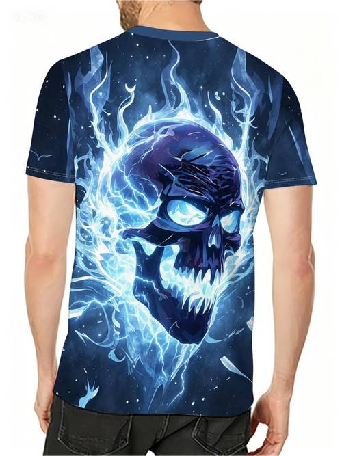 design imprimat - tricou bărbați cu mânecă scurtă și guler rotund, fără textură, blocuri de culoare albastru violet negru, ilustrație trendy cu craniu albastru gheață, scenă de stradă pentru cumpărături, întâlniri cu prietenii, călătorii, bar, sporturi în aer , streetwear casual