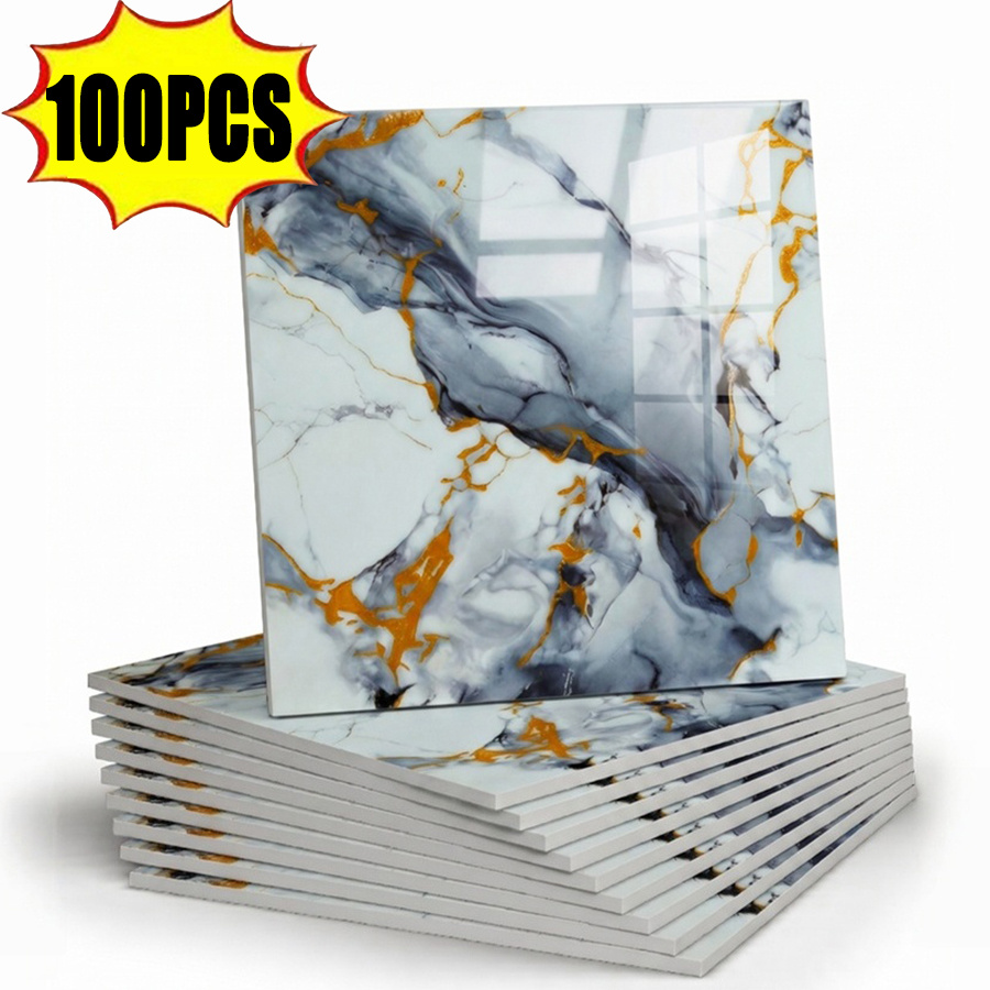 Image of 50pcs/100pcs Pack Pvc Waterproof Panels - 30x30cm/11.8x11.8in Glossy Golden- Sheets Suitable For Bathroom Walls, Kitchen Covering, Moistureproof Removable & Ceiling Panels (no Glue Residue)