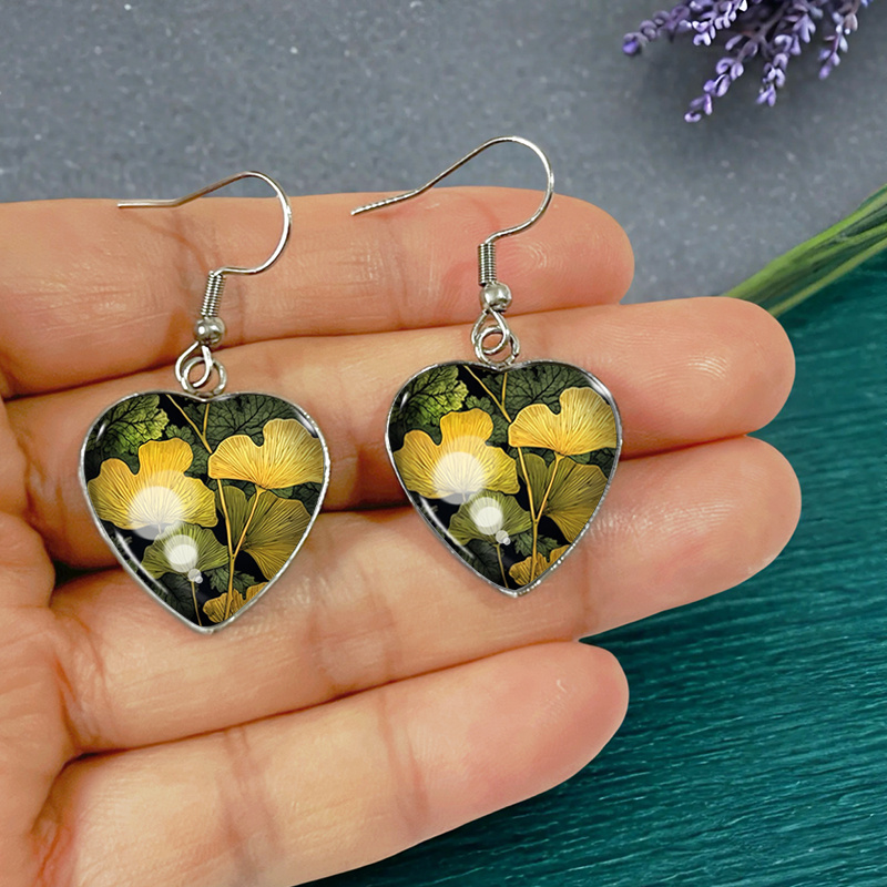 Heart-Shaped Ginkgo Leaf Design Earrings, Unique Gift