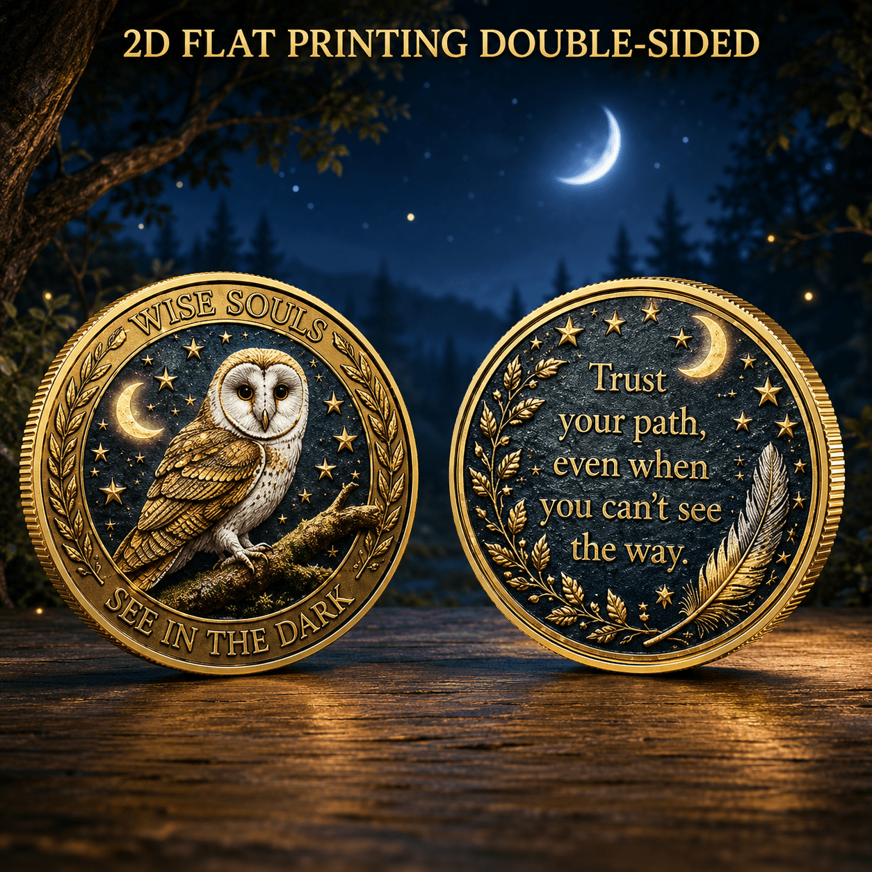 TEMU 2d Flat Printing, 1pc, Double-sided Commemorative Coin (1.57x1.57in), Owl And Night Sky Wisdom Theme, Collectible Coin, Animal Decor,
