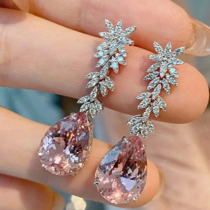 E-shop Luxuriöse Pinke Tropfen-Ohrringe mit Einfassung für Damen, , Hochzeiten, Partys, Feiertage, Micro Pave, Glänzende Zirkonia Blatt-Ohrringe,