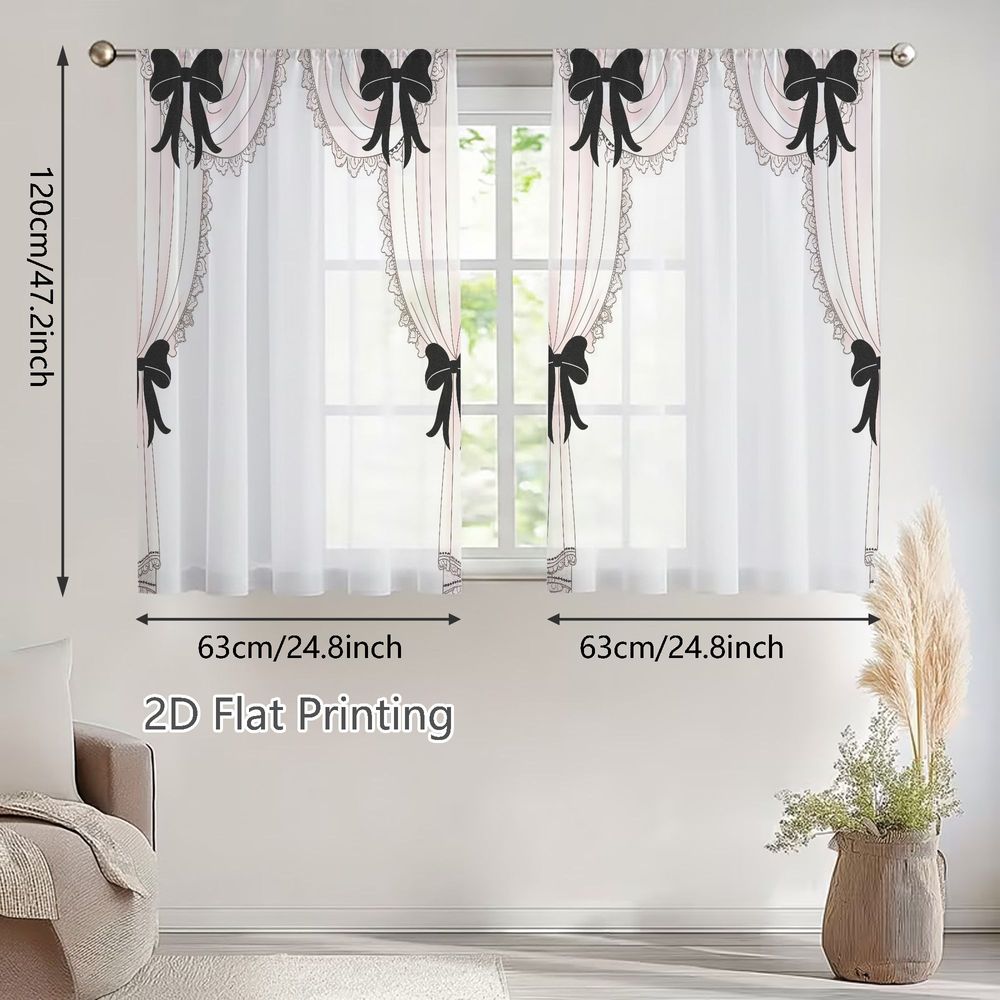 TEMU 2d Flat, 2pcs Panel Semi-sheer Window Curtains Suitable For & Bedroom - Pink With Black Bows & White Lace Trim, Rod Pocket Pocket Panels,