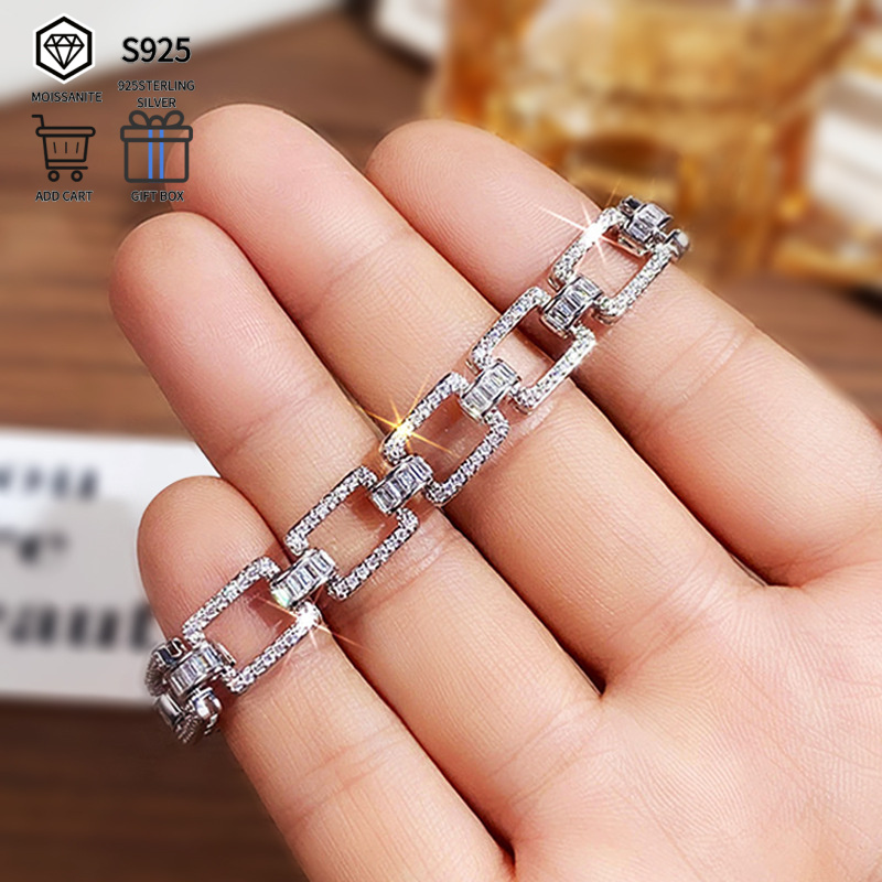 TEMU Chic S925 Sterling Silver Bracelet With Moissanite, Offering A Trendy And Look. This Cool And Piece Is Perfect For , Romantic , Celebrations