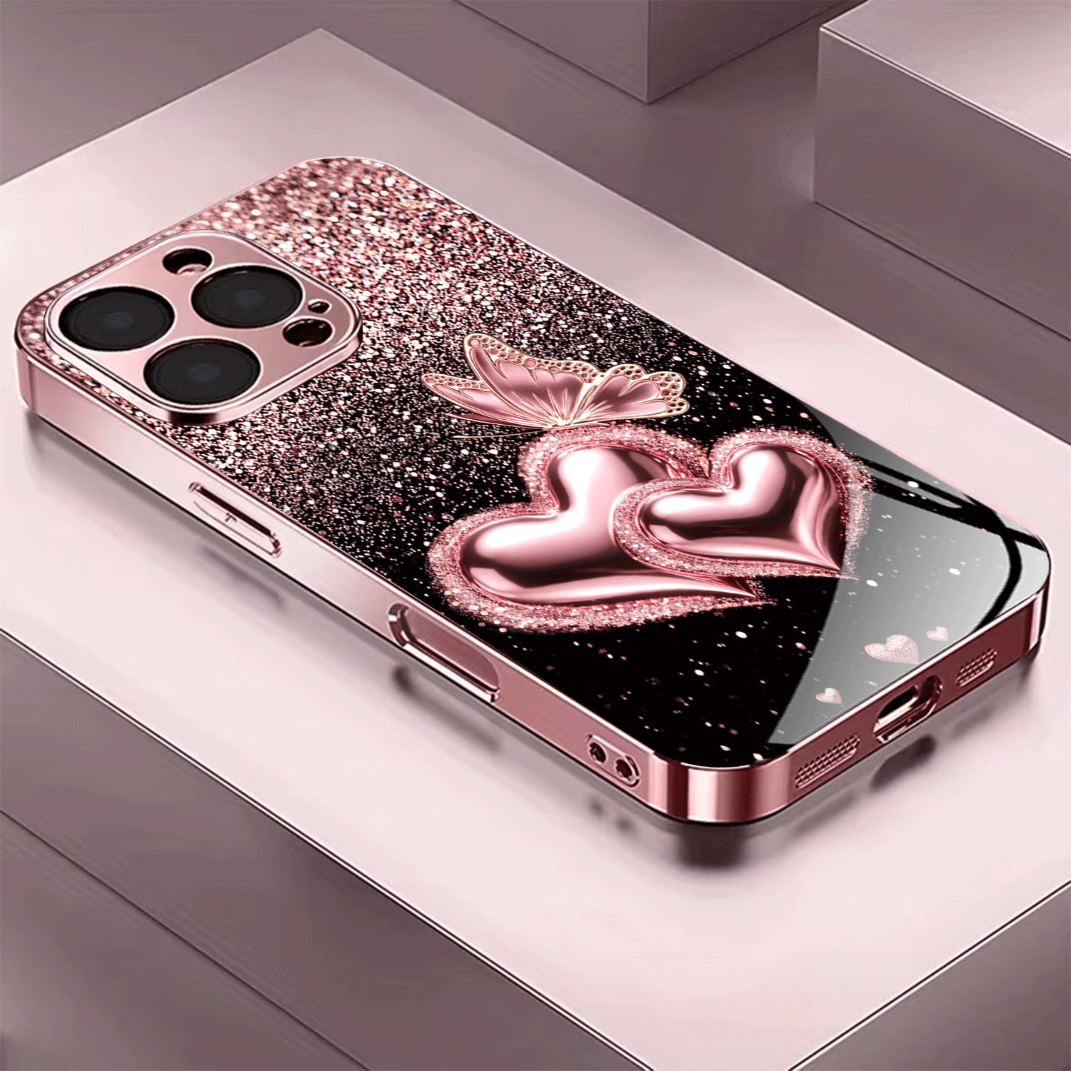 TEMU Phone Case - Pink Glitter Pattern Electroplated Pink Tempered Glass Phone Case Suitable For Iphone