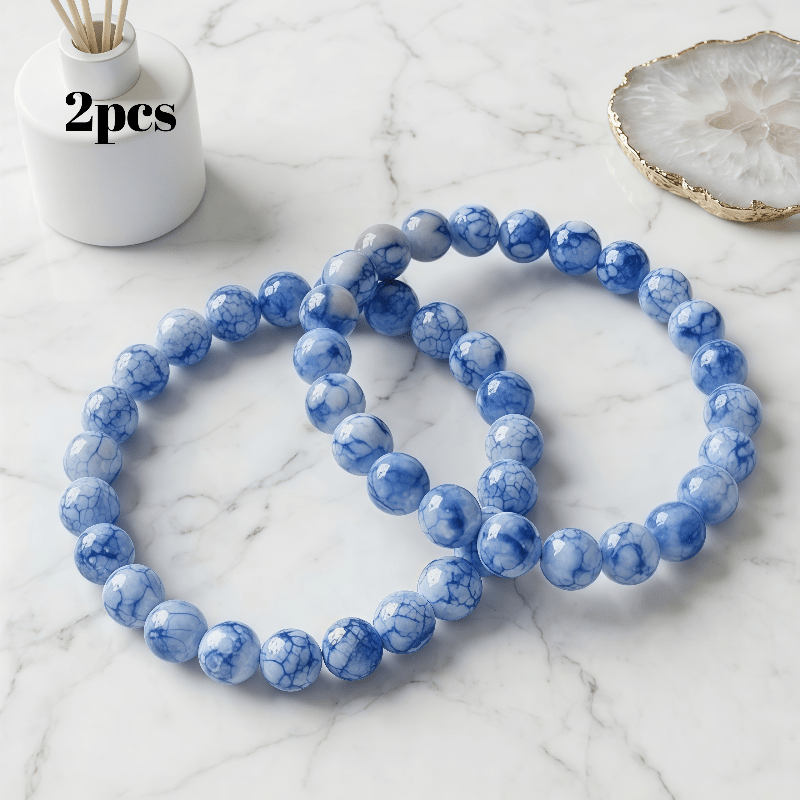 TEMU 2pcs .zt Dot Round Bead Bracelet - Chinese New Style Porcelain Beads, Bohemian Retro Single-strand Beaded Jewelry Suitable For Daily Wear, Gifts