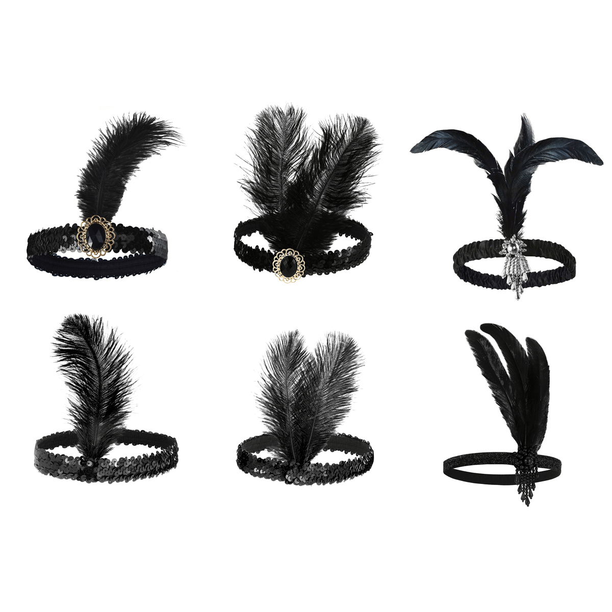 TEMU 6pcs 1920S Additions Vintage Style Bandeaux à Plumes avec Perles, Coiffes Rétro Noires à Plumes, Adaptées aux Accessoires de Vêtements pour