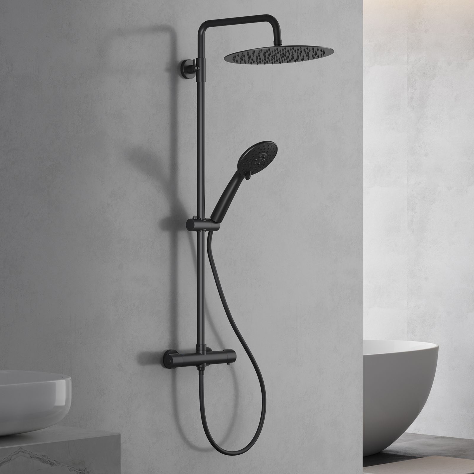 Thermostatic Anti-scald Shower Set With 40mm Round Dual Water Outlet, And Ppa Plastic , 1. 5m Hose, Handheld Shower, And 250mm 304 Overhead Shower In Sleek Black Finish,for Shower Use Only