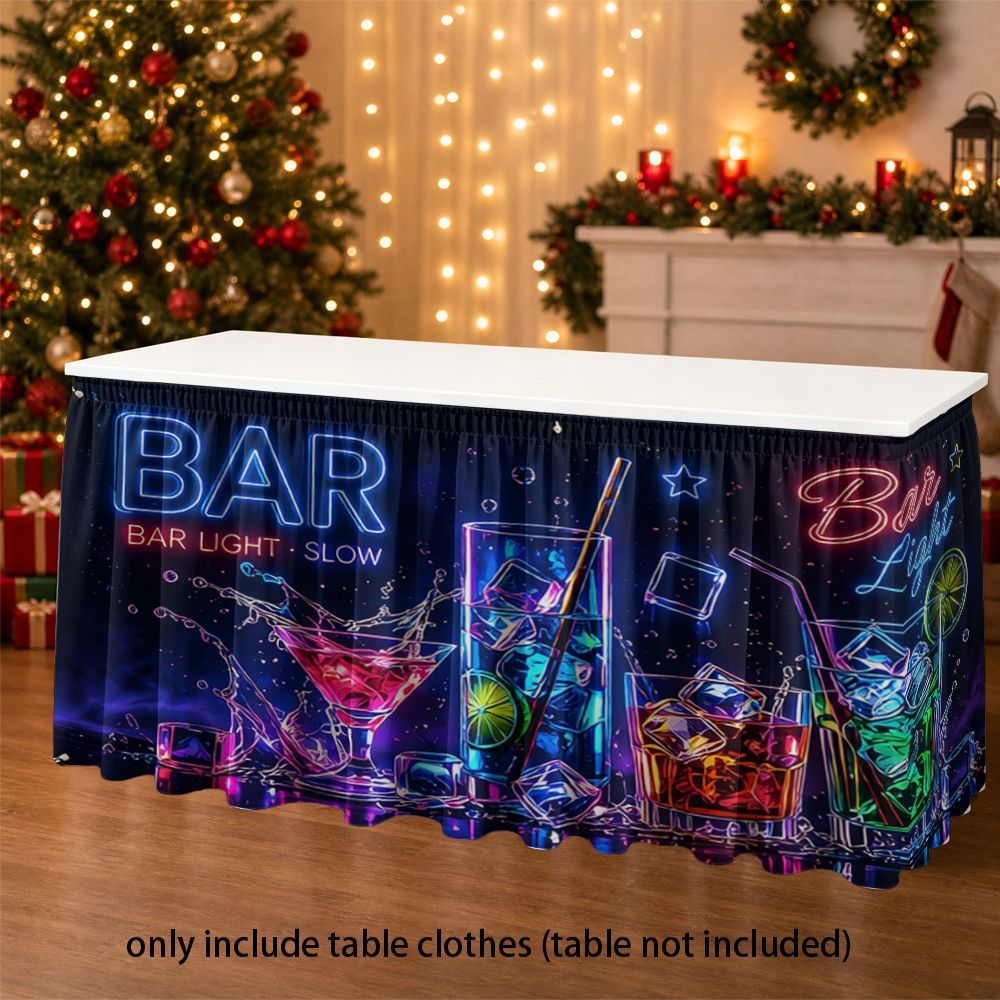 TEMU 2d Flat Printing, Neon Bar Theme, Party Tablecloth And Table Skirt, Colorful Cocktail Drinks Pattern, Polyester Fabric With , For Birthday