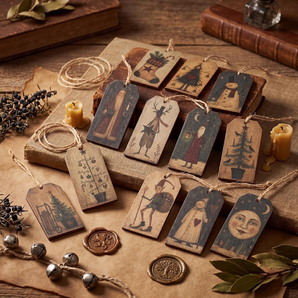 TEMU 12pcs Wooden Vintage Rustic Christmas Snowman Ornaments, Farmhouse Tree Decorations, Natural Wooden Tag Hanging Ornaments For Home, Office,
