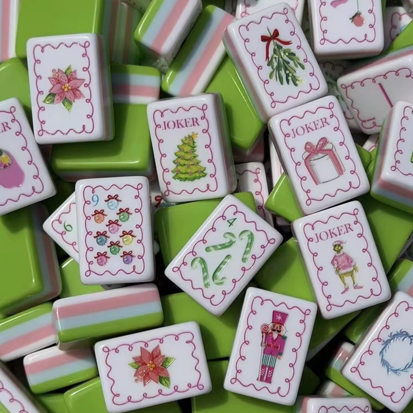 TEMU Nutcracker Christmas Themed Mahjong Set Holiday Floral Gingerbread Printed Melamine Game Tiles For Adult Family Gathering Party Games &