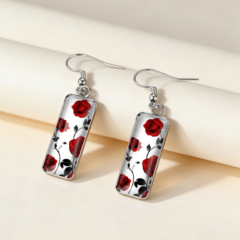 1 Pair of Rectangular Dangle Earrings with Rose Patterns