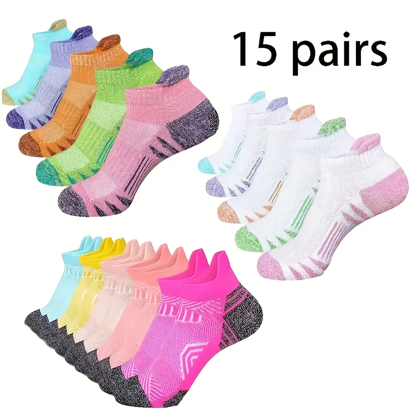 TEMU 15-pair Women's Athletic Ankle Socks, Colorful Low-cut Running Socks, Breathable Thickened Cushioned Sports Socks, Suitable For Fitness, Hiking,