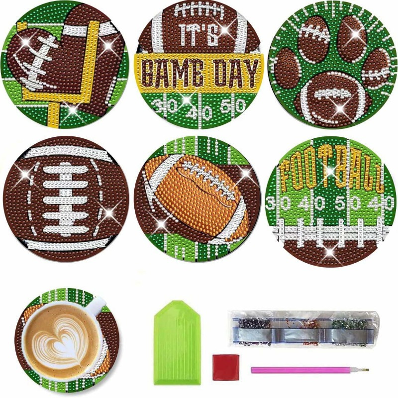 

6pcs Diy Diamond Art Painting Sports Theme Coasters With Holder, Football Coasters Diamond Art Kits For Adults Beginners. Diamond Craft Supplies Coasters For Drinks