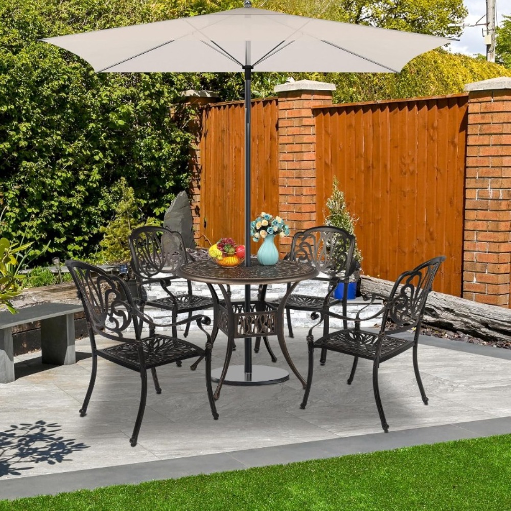 Bonnlo 5pcs Outdoor Dining Set Cast Aluminium Patio Furniture with 4 Chairs and 1 Umbrella Table for Garden Porch Poolside Weather-Resistant Bronze