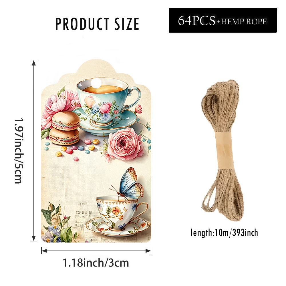 TEMU 64 étiquettes cadeaux sur le thème de fête à thème "Thé", avec corde de jute, décorées de de tasse à thé et de fleurs dans un style fantaisiste,