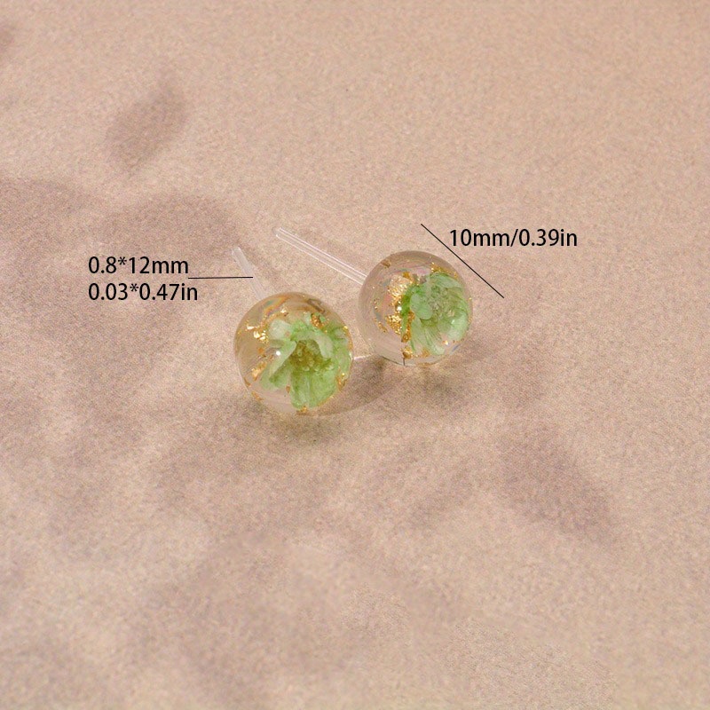 Resin Glass Ball Stud Earrings Multicolor Dried Flowers Hypoallergenic Posts