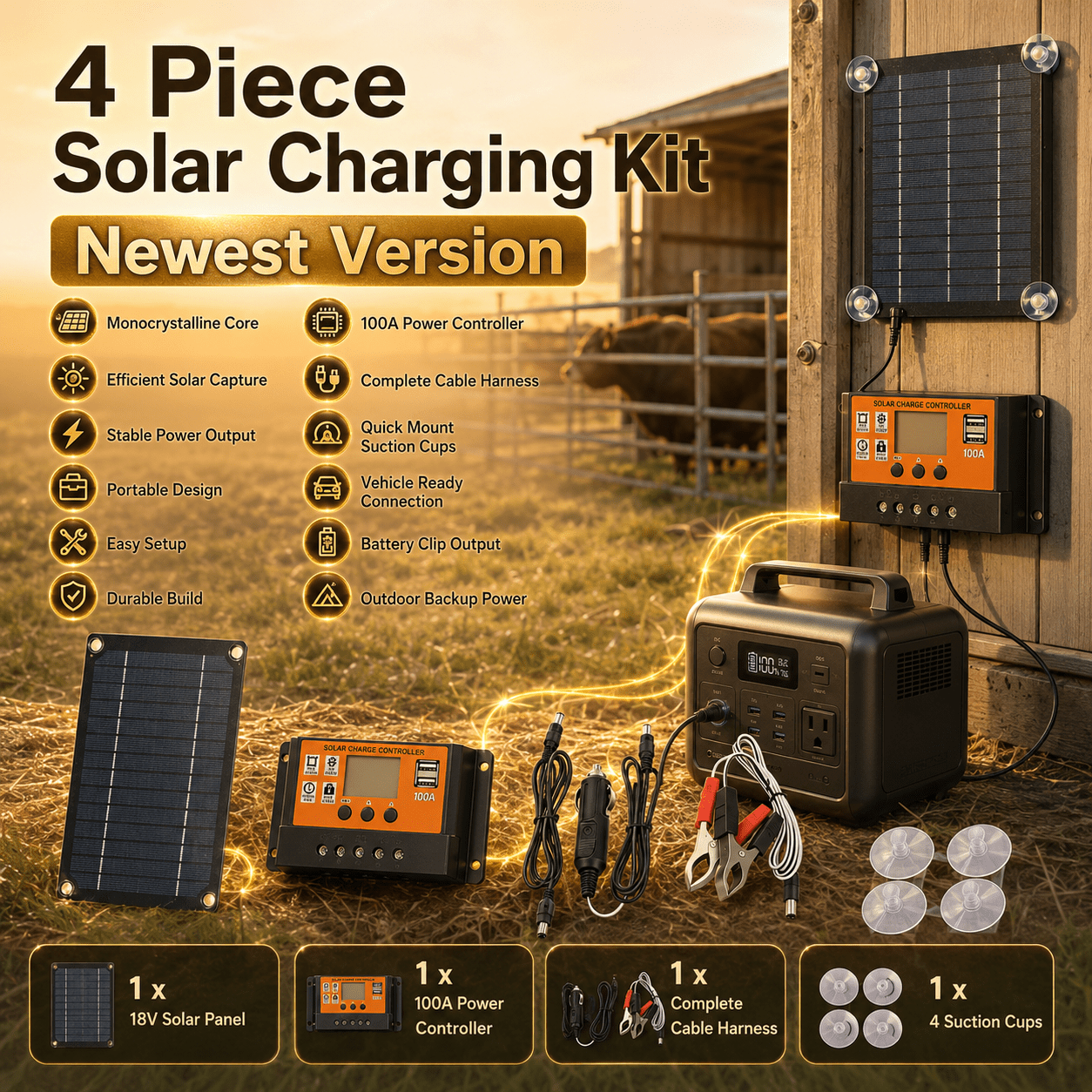TEMU Portable 4pcs Solar Charging Solution, 100a Solar Power Controller With High-efficiency Monocrystalline 18v Solar Panel Battery Charging Kit,