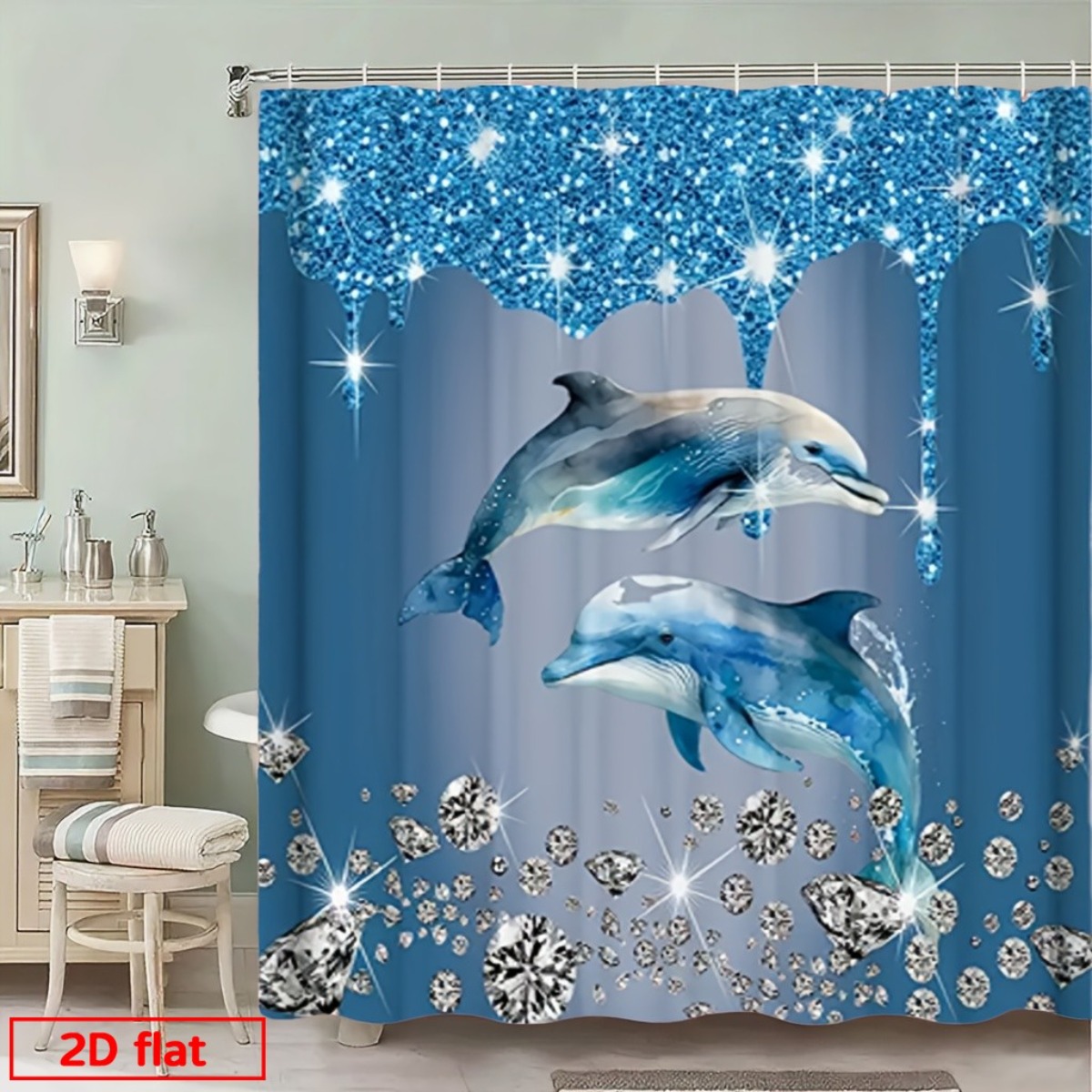 TEMU 2d Flat, 2d Flat Printing Shower Curtain, 1pc Elegant Blue Design With Sparkling Diamonds, Bathroom Curtain For Bathrooms For Easy Hanging,