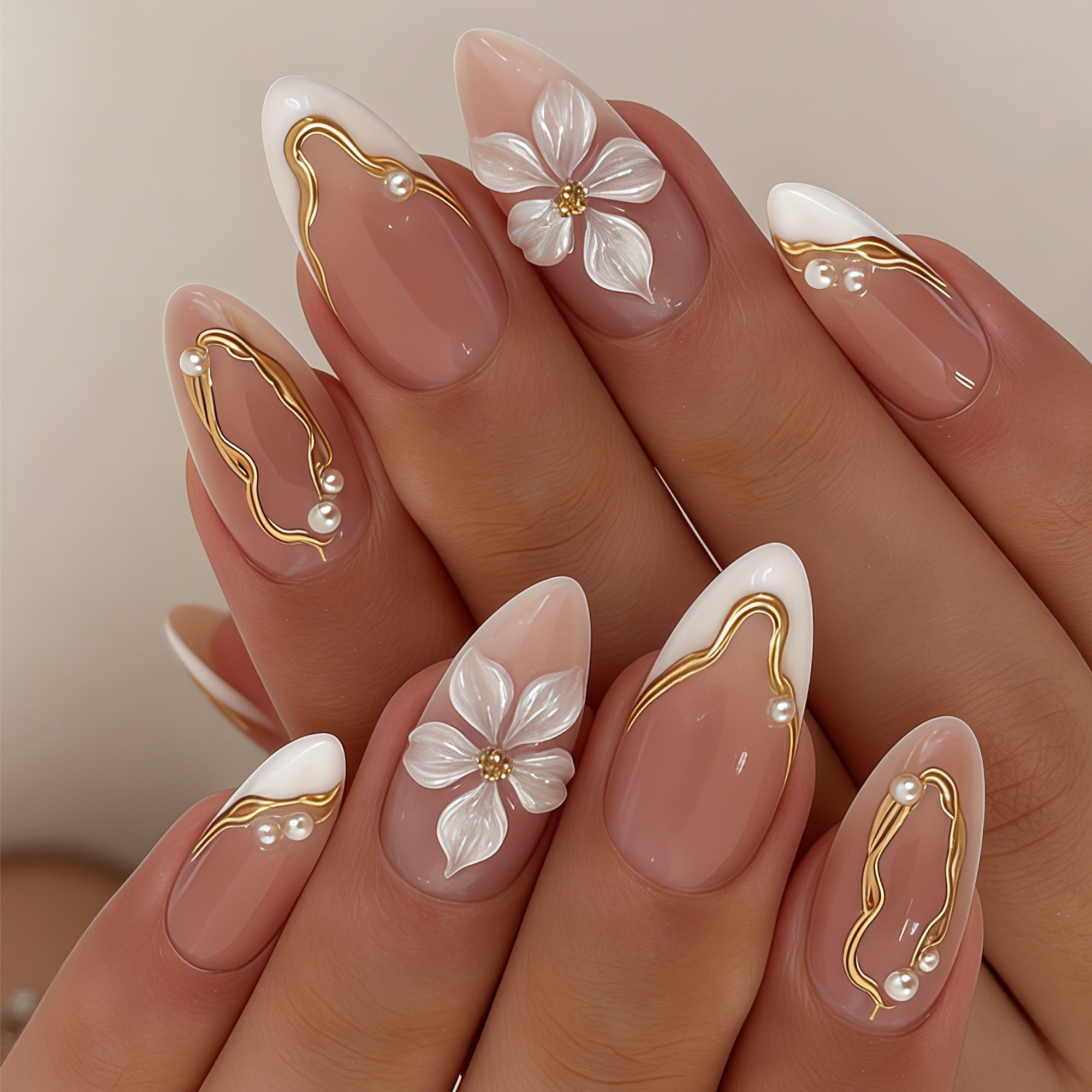 TEMU Enhance Your Beauty 24pcs Almond Nails, Elegant And Cool White Flowers With, Golden Loose Powder Stripes, Steel Beads, Nude Glossy Finish,