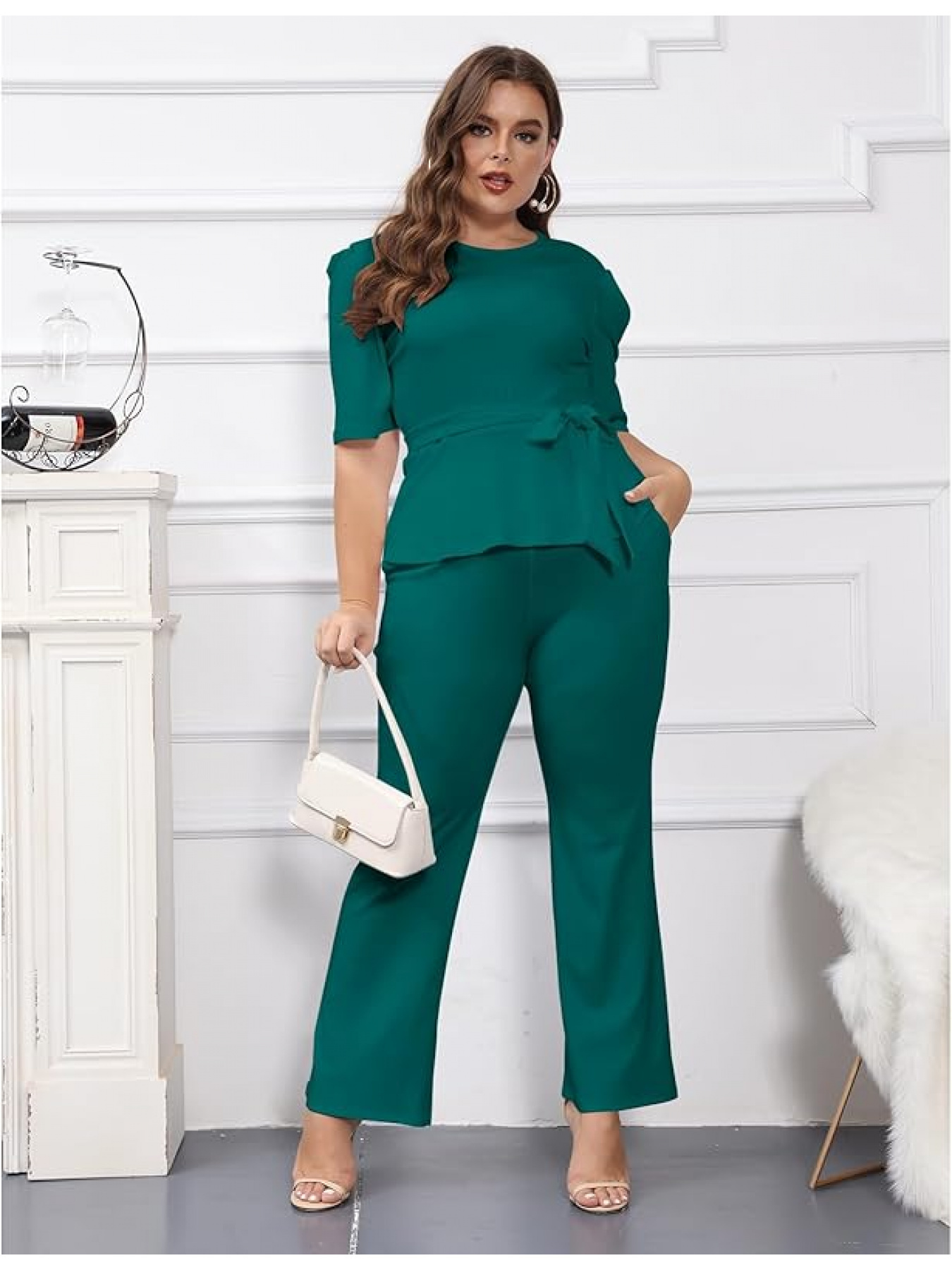 Plus Size 2pcs Outfits for Women * Top Long Sleeve Long Pants Sets Formal  Evening Ruffles * Fit * Top And Long Pants Set Casual Elegant B