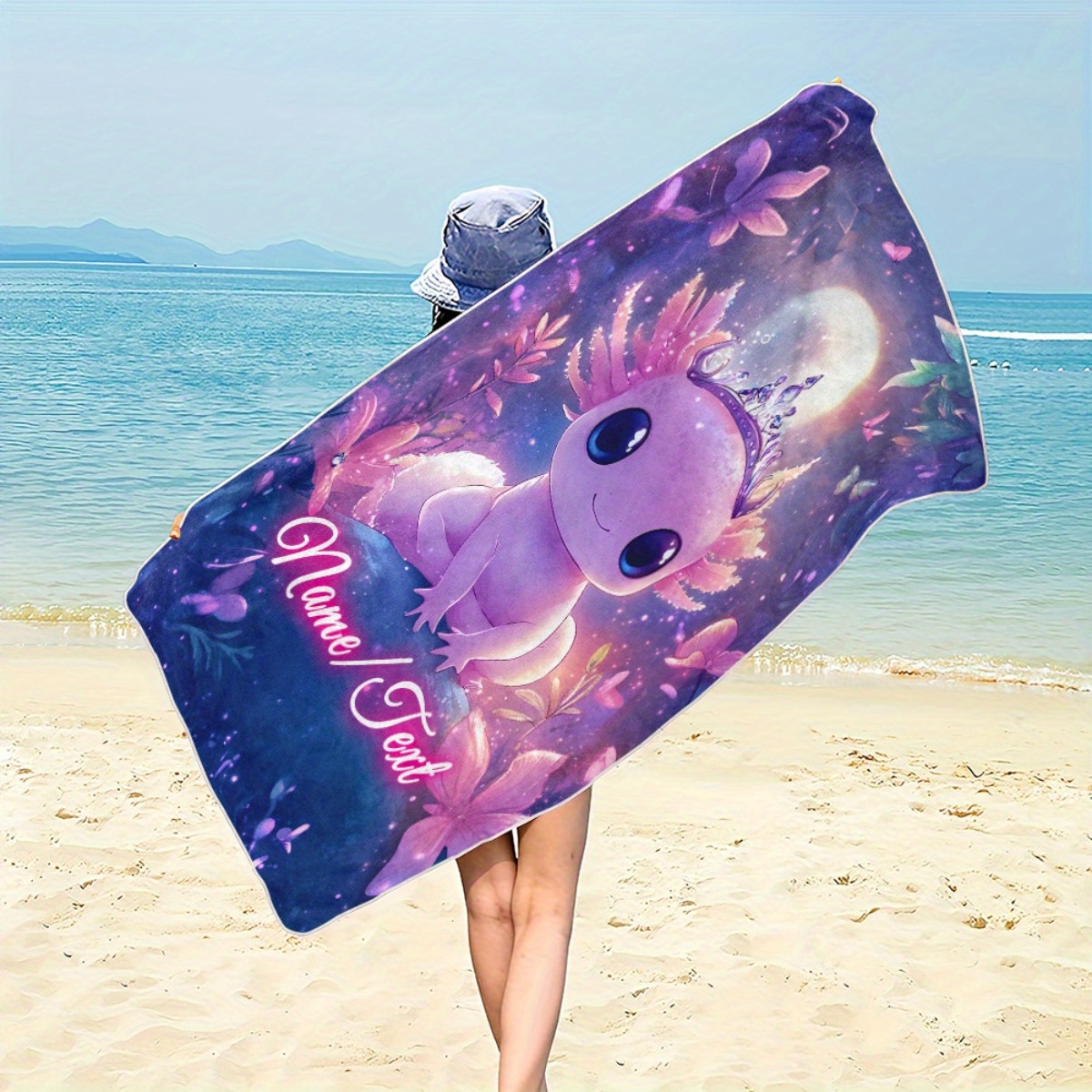 TEMU 1pc Custom Name Purple Axolotl On Towel- Soft, Ultra-absorbent Microfiber, Lightweight, Beach, Parties, Travel, Camping- 55x27incn/63x31inch,