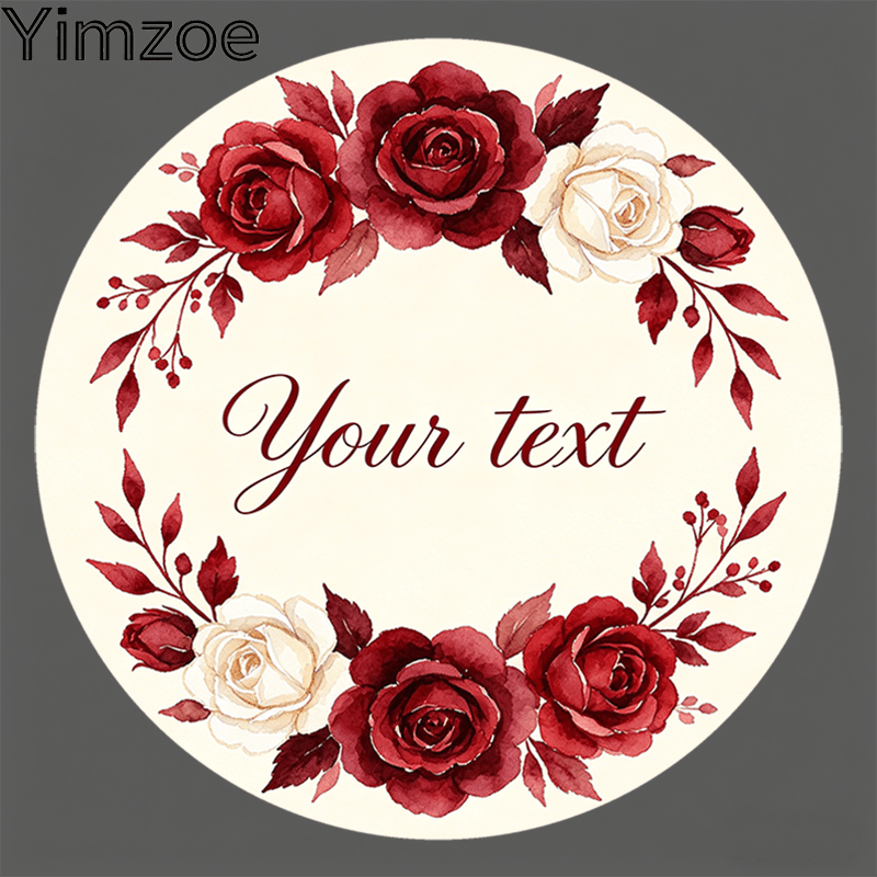TEMU Yimzoe Customizable Vintage Burgundy Rose Themed Round Stickers - Watercolor Red Rose Wreath Design, Perfect For Packaging, Handmade Gift Box