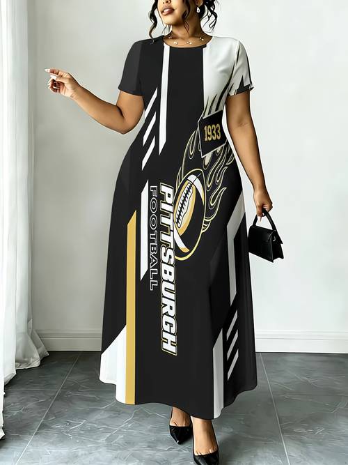 womens plus size round neck short sleeve game day pittsburgh 1933 printed sports dress