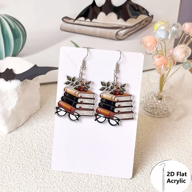 TEMU Boucles d'oreilles pour femme sur le thème de la bibliothécaire avec pendentif pile de livres et lunettes - Légères, adaptées aux amoureuses des