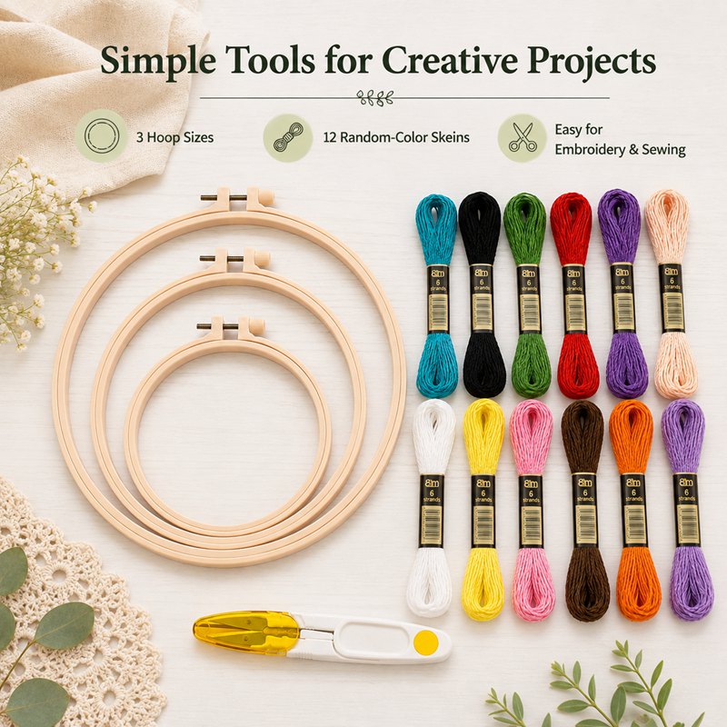 Embroidery Hand Kit with 3 Round Plastic Frames and 12 Skeins
