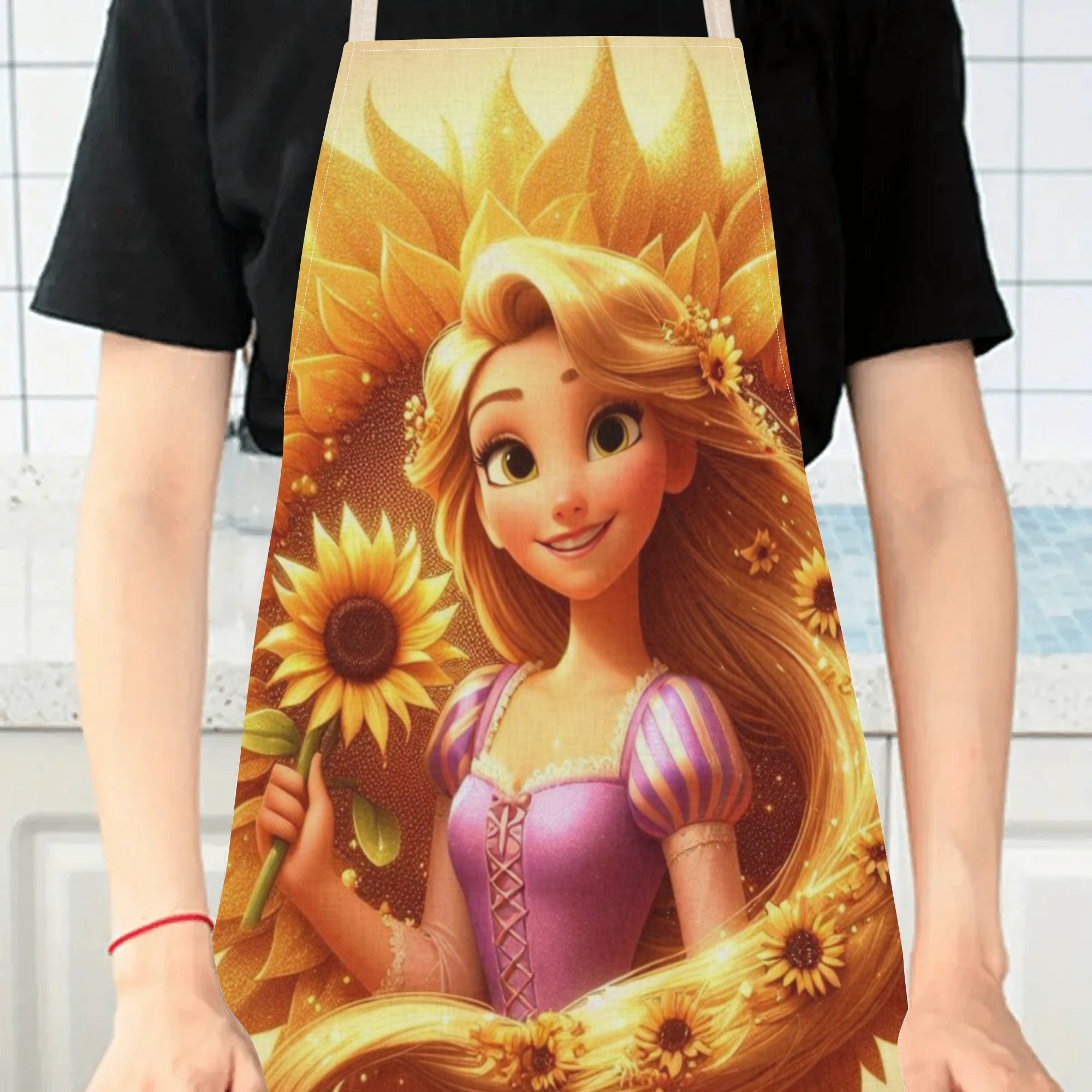 disney   waterproof apron - vibrant cartoon princess design with sunflowers, ideal for home, restaurants, cafes & supermarkets -   polyester,  , versatile apron|vibrant design|glossy finish details 3