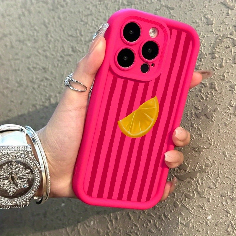 TEMU para Teléfono - Una para Teléfono en Fucsia con un de Limón a Rayas , con Recortes Precisos, Compatible con iPhone, Incluyendo 16, 16 Pro, 16
