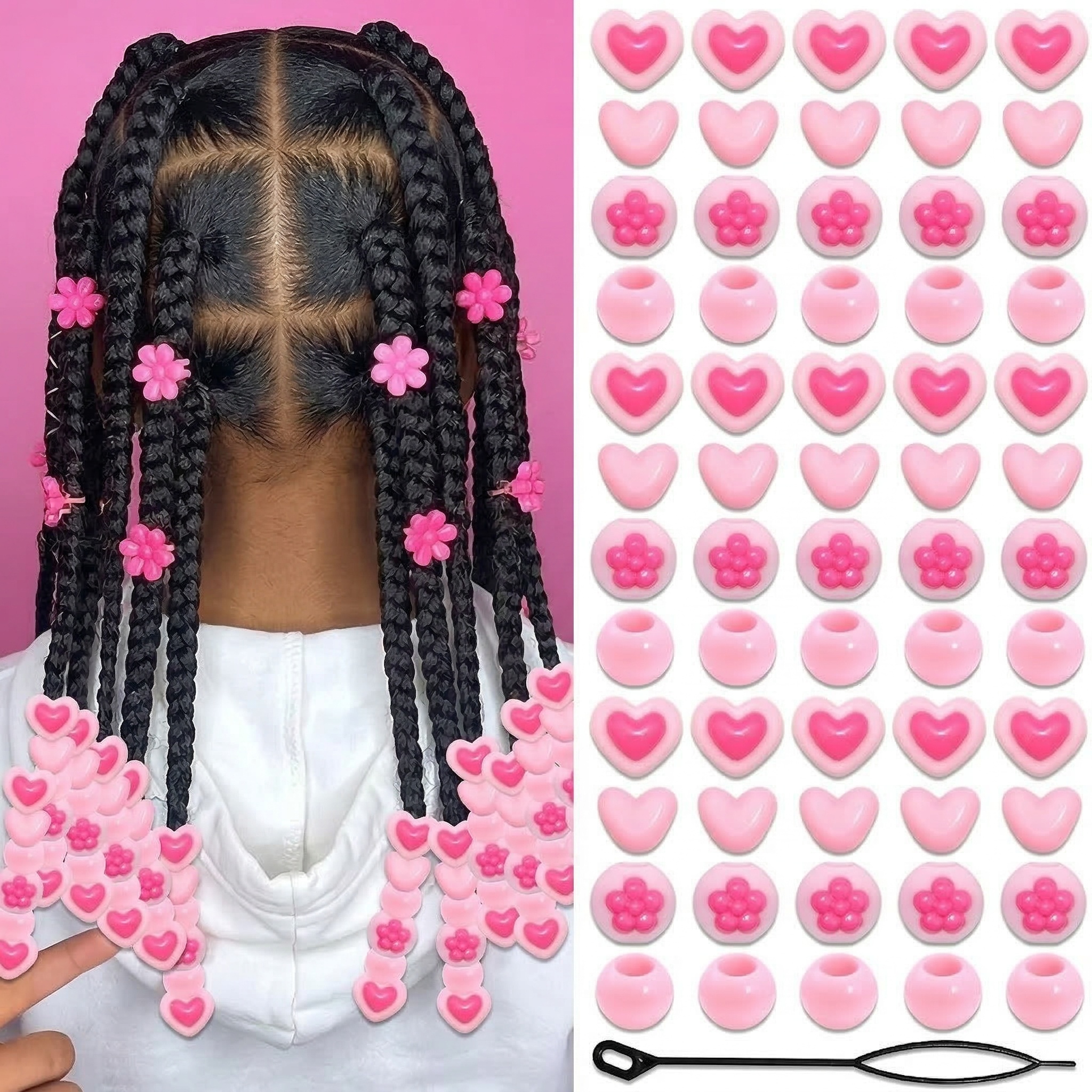 Image of Pink Heart Hair Beads For Braids 60pcs Valentine's Day Dreadlock Jewelry Beads Acrylic Large Pony Bead Braids Clips Loc Dreadlock Accessories Hair Decoration For Diy