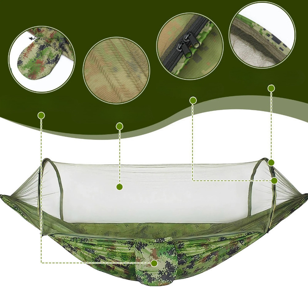 260x140cm Automatic Quick Open Hammock With Net, 300kg Load Camo Nylon Parachute Fabric Camping Hammock