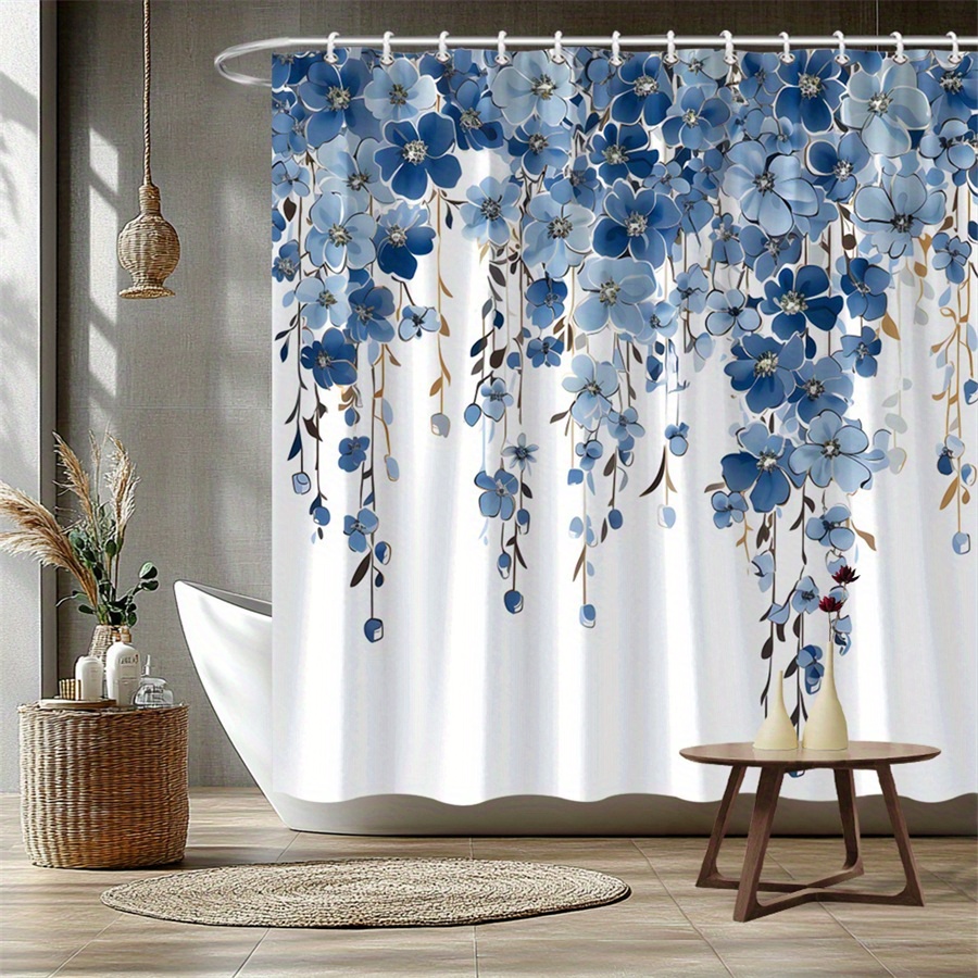 TEMU 1pc Floral Shower Curtain - Polyester Bathroom Decor With Delicate Brown Stems & Leaves, 70.86x70.86 Inch, 12 Hooks Included, Machine Washable -