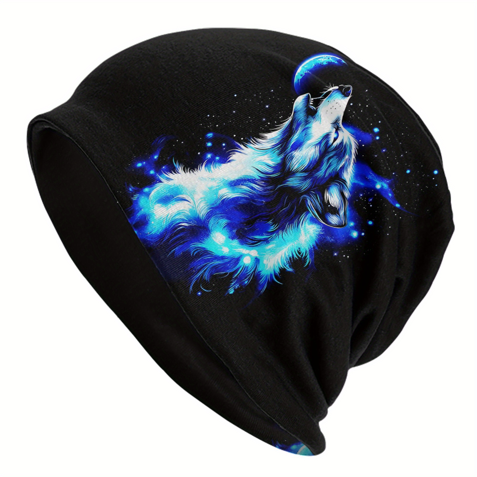TEMU Wolf At The Moon Beanie Hat With Skull - Gothic Wildlife For &, Weather Outdoor Winter, Themed Costume Parties ( Camping, Daily Wear) - & Warm
