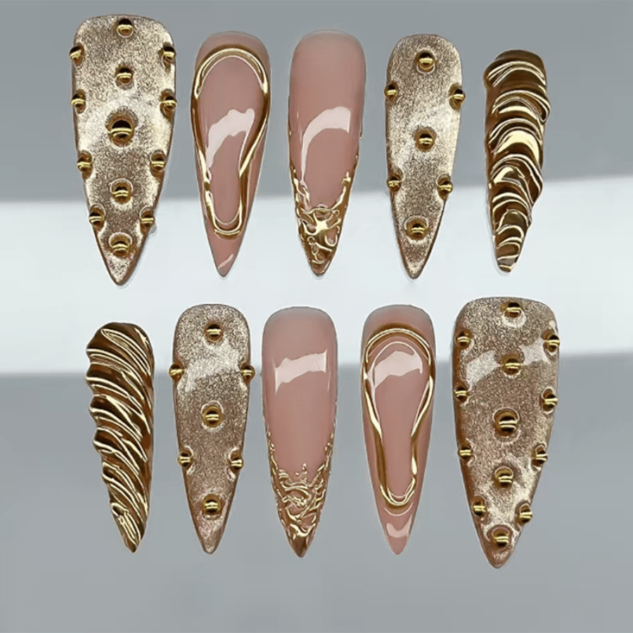 60pcs Nude And Golden 3d Textured Handmade Nail Set - Offering Luxurious And -garde For Women. Ideal For Evening Events, Daily Elegant Outfits, Fashionable , And Formal Occasions