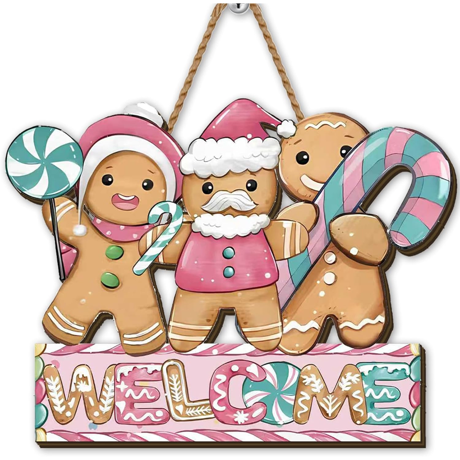 TEMU 2d Flat 1pc Wooden Christmas Gingerbread Man Welcome Sign, Vibrant Printed Wood Plank For Home Porch/fireplace/holiday Party Christmas Decor
