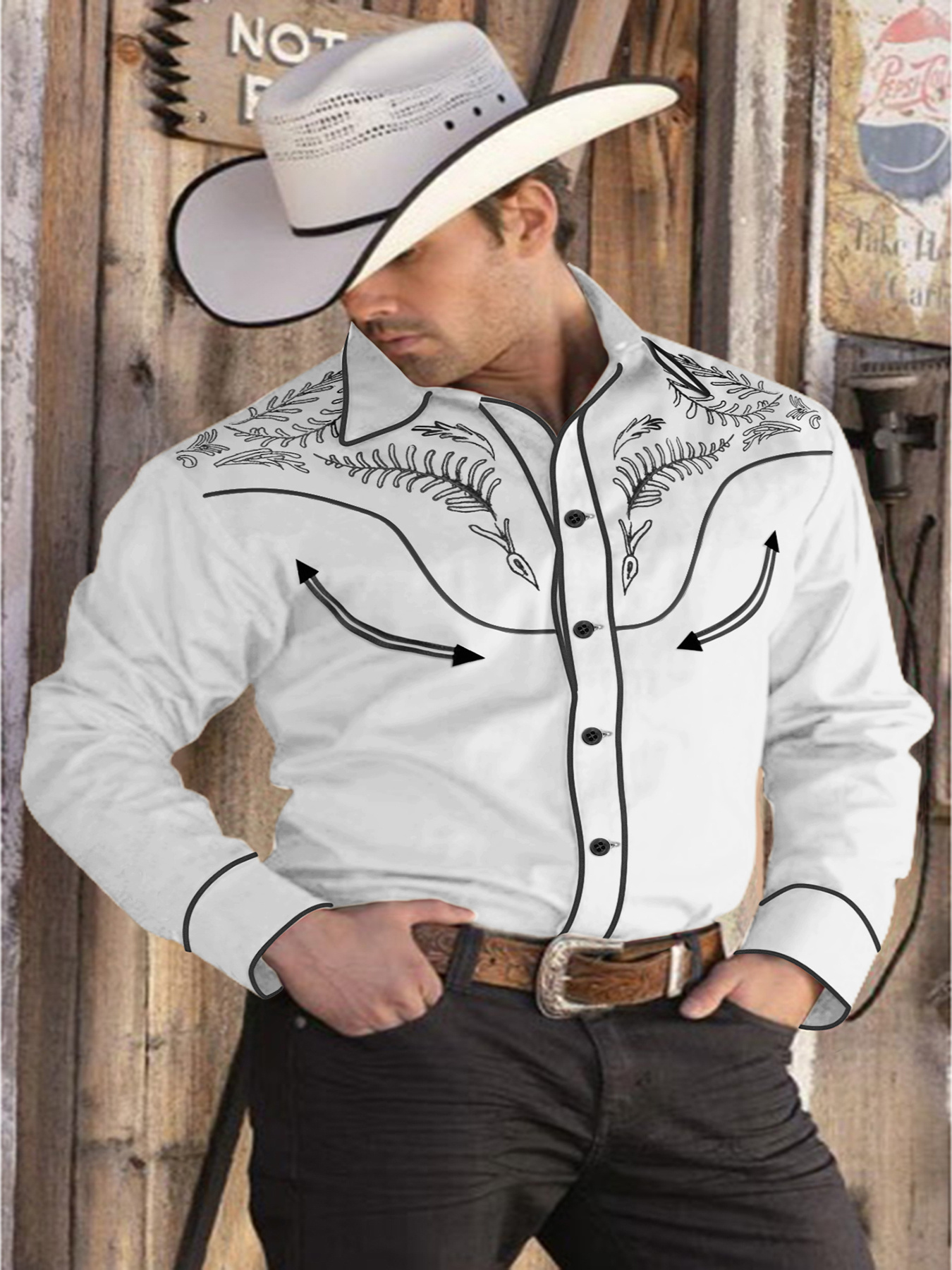 *'S Western Cowboy Shirt Embroidered Long Sleeve Cotton Casual Button  Shirts Band Collar Dress Shirts