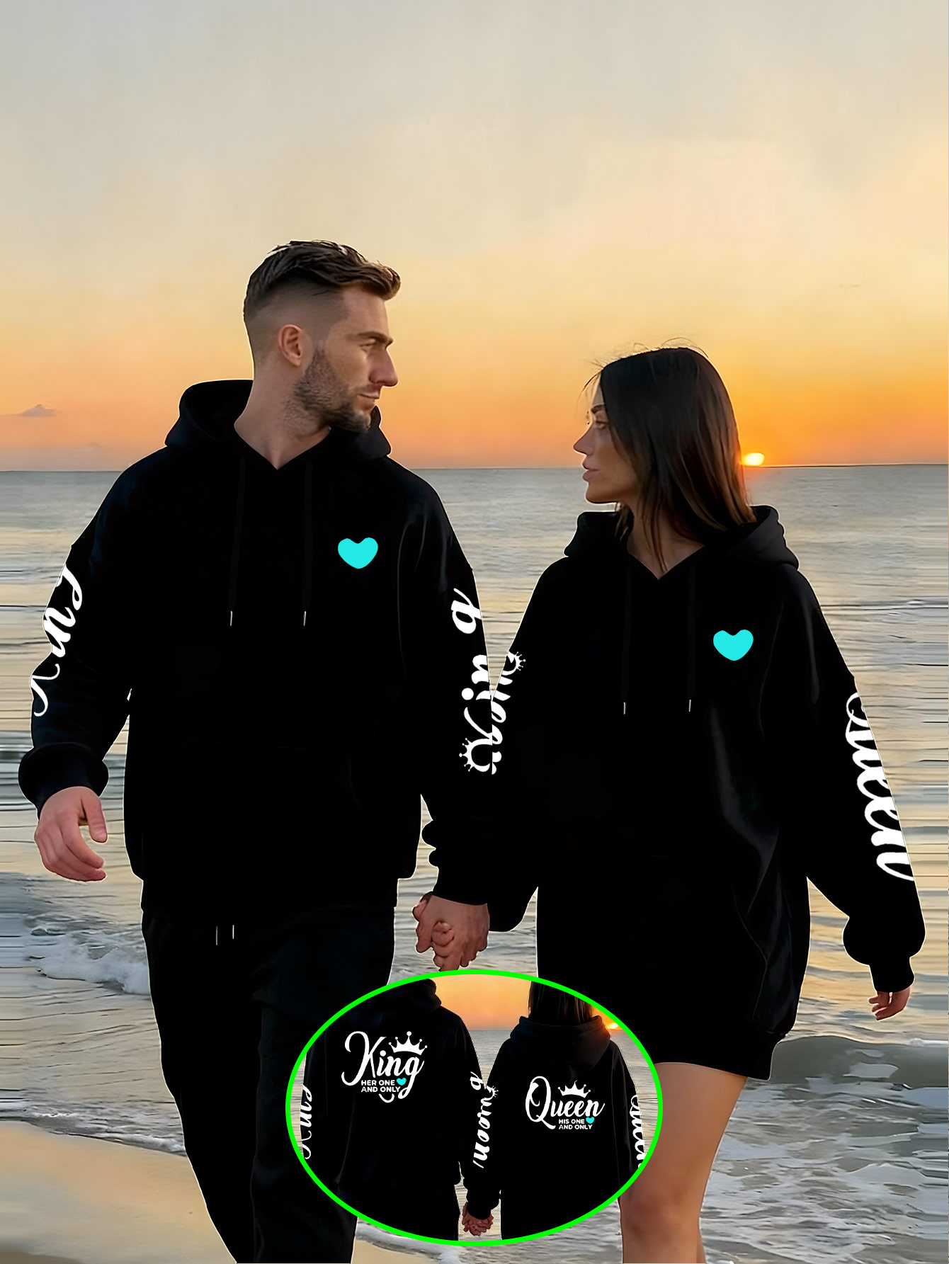Couple Hooded Sweatshirt with "King/Queen + Heart" Print on Chest and Matching Lettering on Sleeves. Sweet and Cool Couple Style, Perfect for Urban Couples. Eye-Catching and Romantic for Daily Wear, Ideal for Dates, Vacations, and Commuting