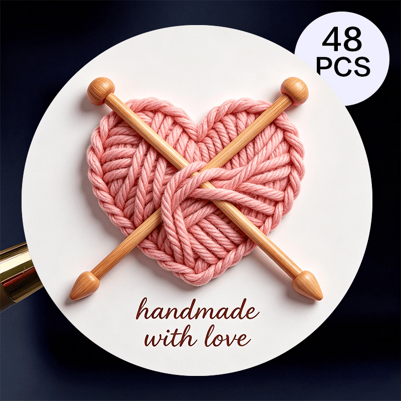TEMU 48pcs Round "" Stickers, Pink Knitted Heart & Wooden Needles Labels, Self-adhesive Seals For Handmade Craft Packaging, Knitting & Sewing