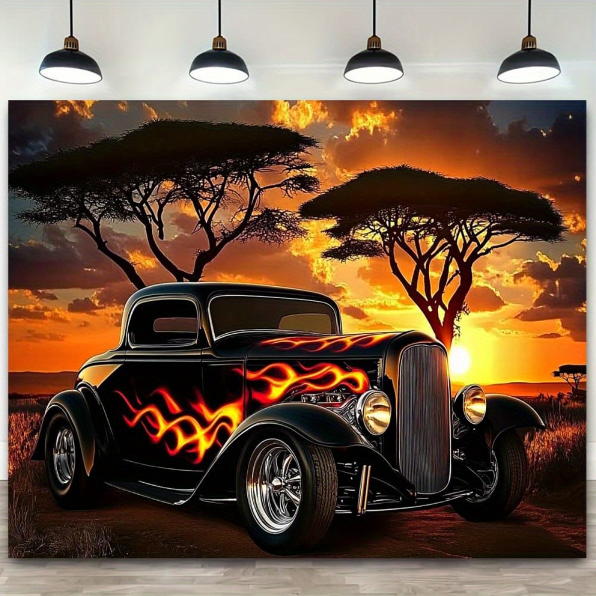 TEMU 1pc Large Vintage Hot Rod Car & African Sunset Tapestry - Desert Backdrop With Acacia Trees, & Golden Hot Rod, Durable Wall Hanging