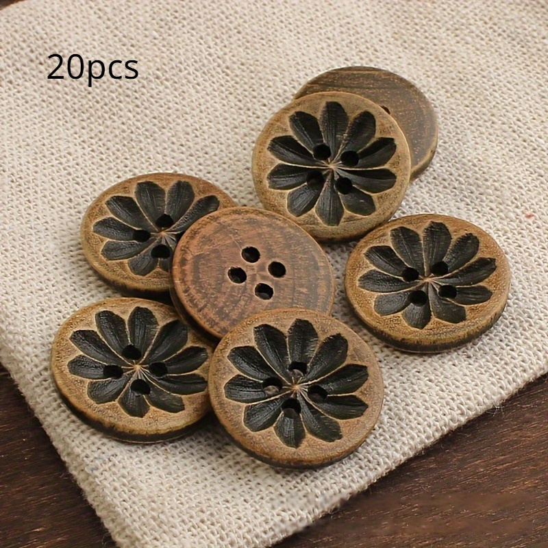 Image of 20pcs 18mm Vintage-inspired Dark Brown Wooden Buttons With Intricate Carvings - Ideal For Diy Shirt, Cardigan, Sweater, And Blazer Crafts