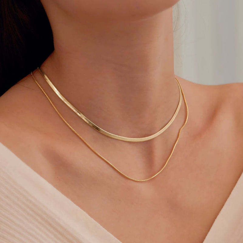 2pcs Snake Chain Herringbone Necklace Golden Women's Necklace